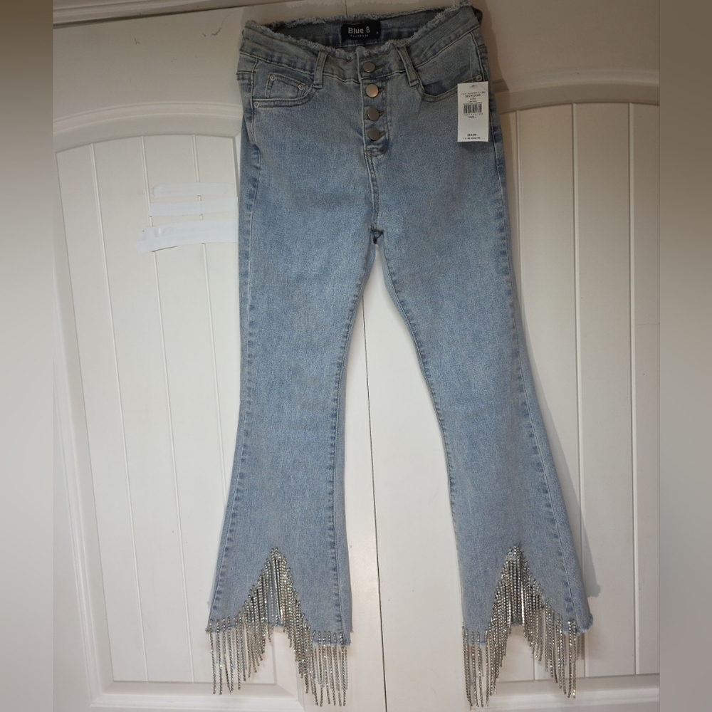 NWT Blue B Collection Rhinestone Fringe Denim Jeans Sz S Cropped High Rise - Picture 2 of 11